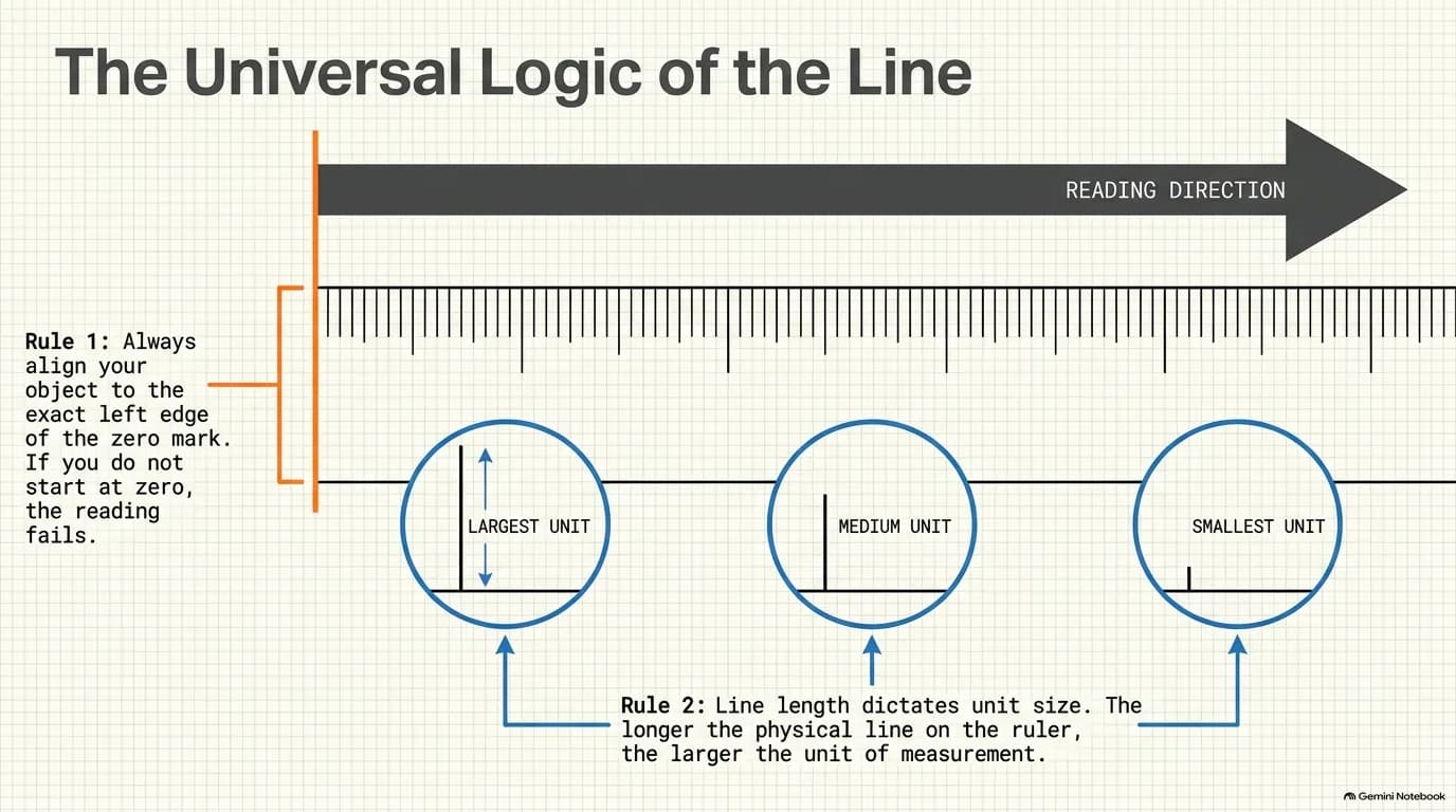 The universal logic of a ruler: always align to zero, and line length signals unit size