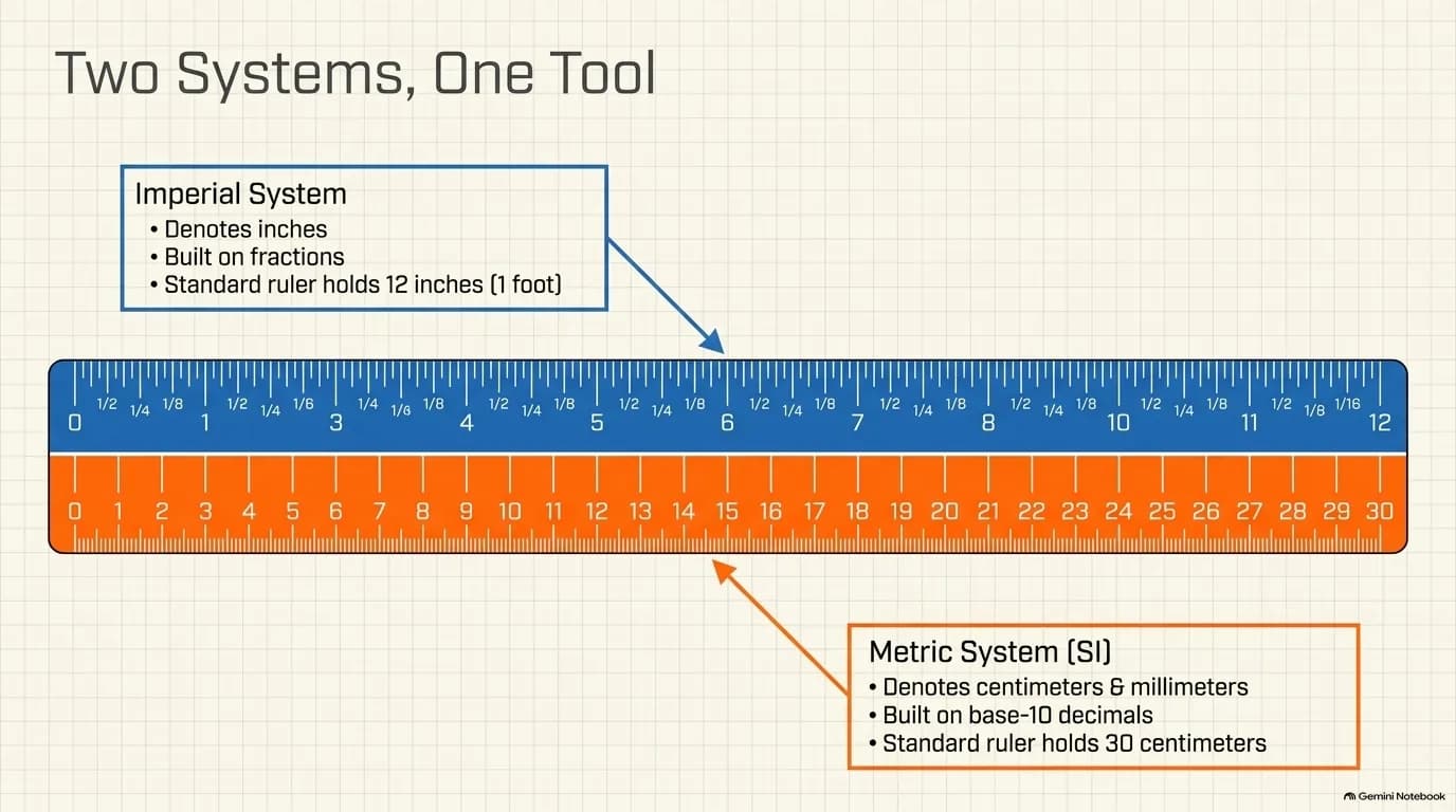 Two systems, one tool - the imperial ruler uses inches and fractions, the metric ruler uses centimeters and decimals