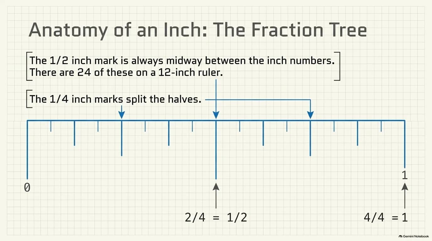 Anatomy of an inch: the fraction tree showing how an inch splits into halves and quarters
