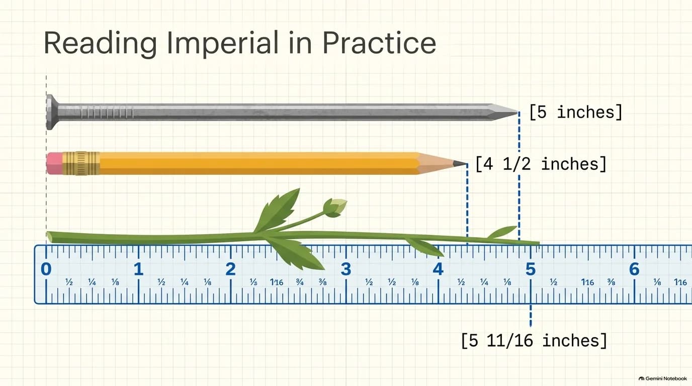 Reading imperial measurements in practice, using a nail, a pencil, and a plant stem as examples