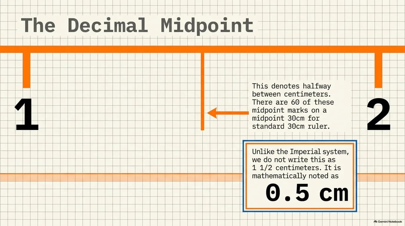 The decimal midpoint - halfway between two centimeters is written as 0.5 cm