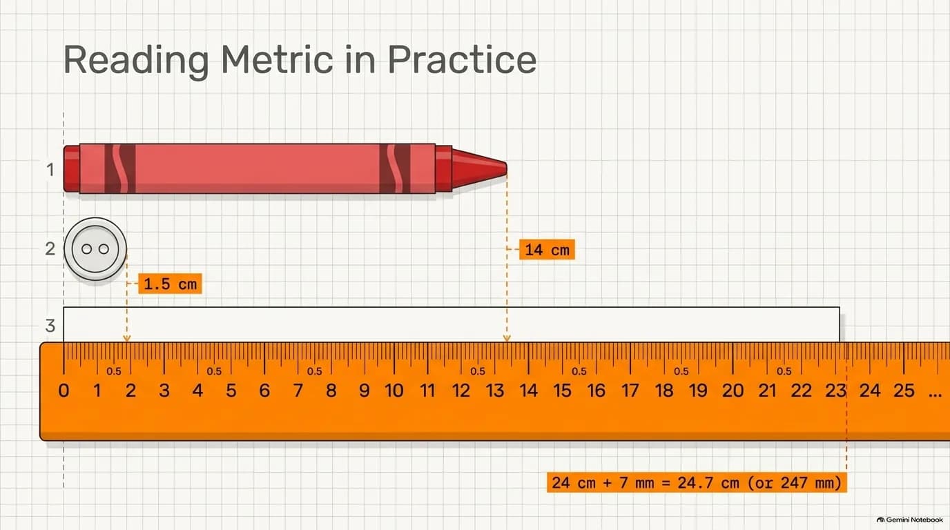 Reading metric measurements in practice, using a crayon, a button, and a sheet of paper as examples