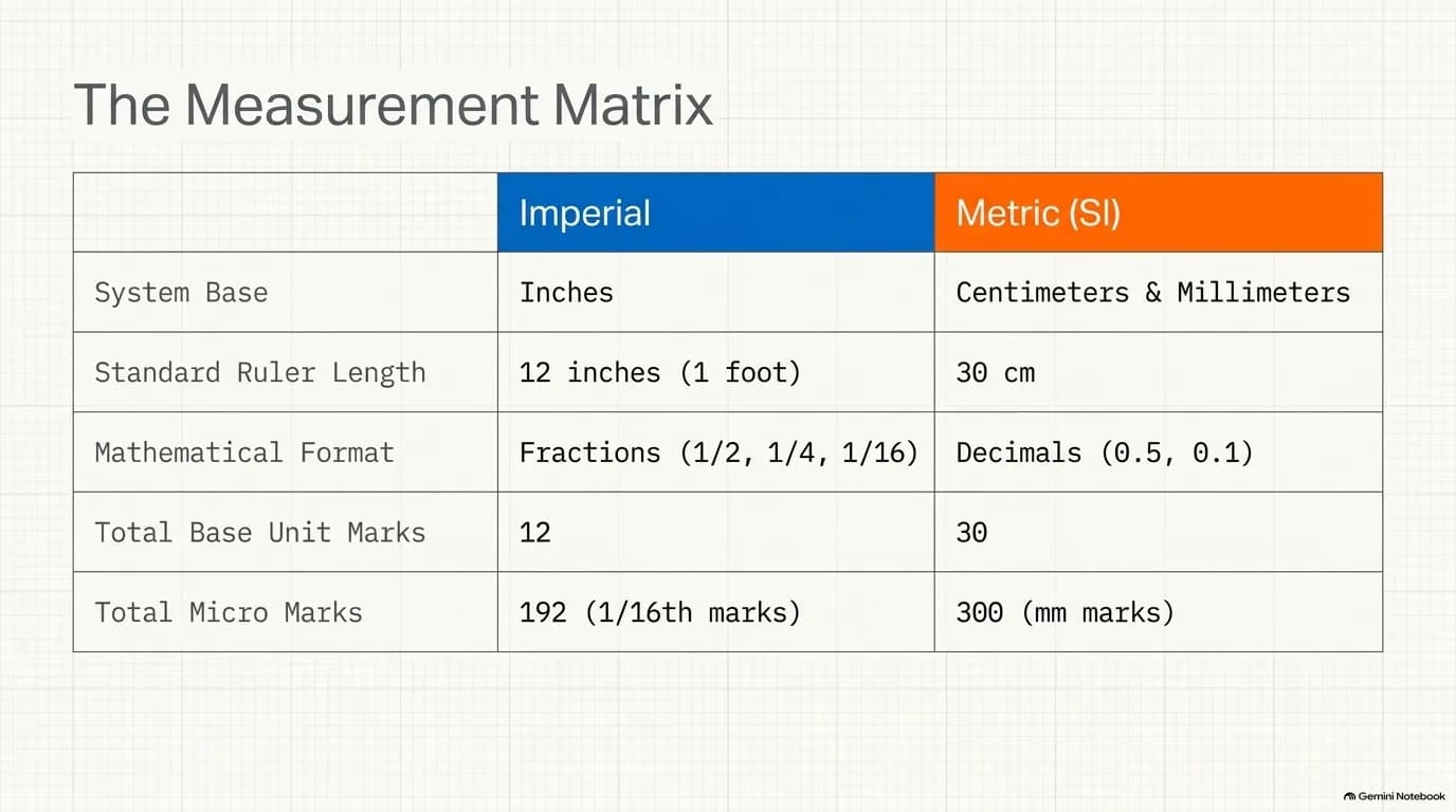 The measurement matrix comparing the imperial and metric ruler systems side by side