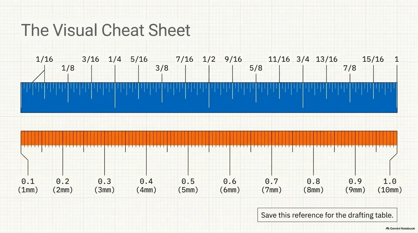A visual cheat sheet mapping inch fractions to their decimal and millimeter equivalents