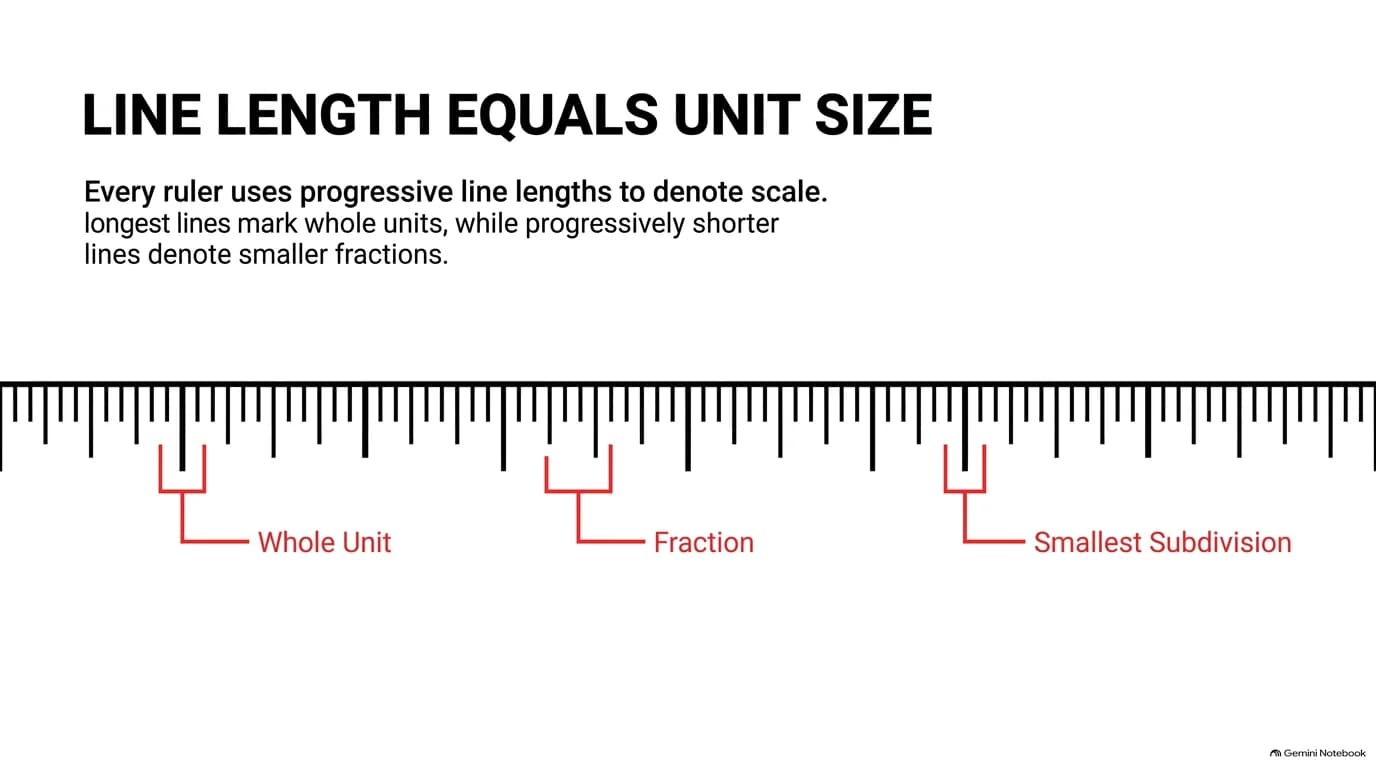 Line length equals unit size - longest lines mark whole units, shorter lines mark smaller fractions