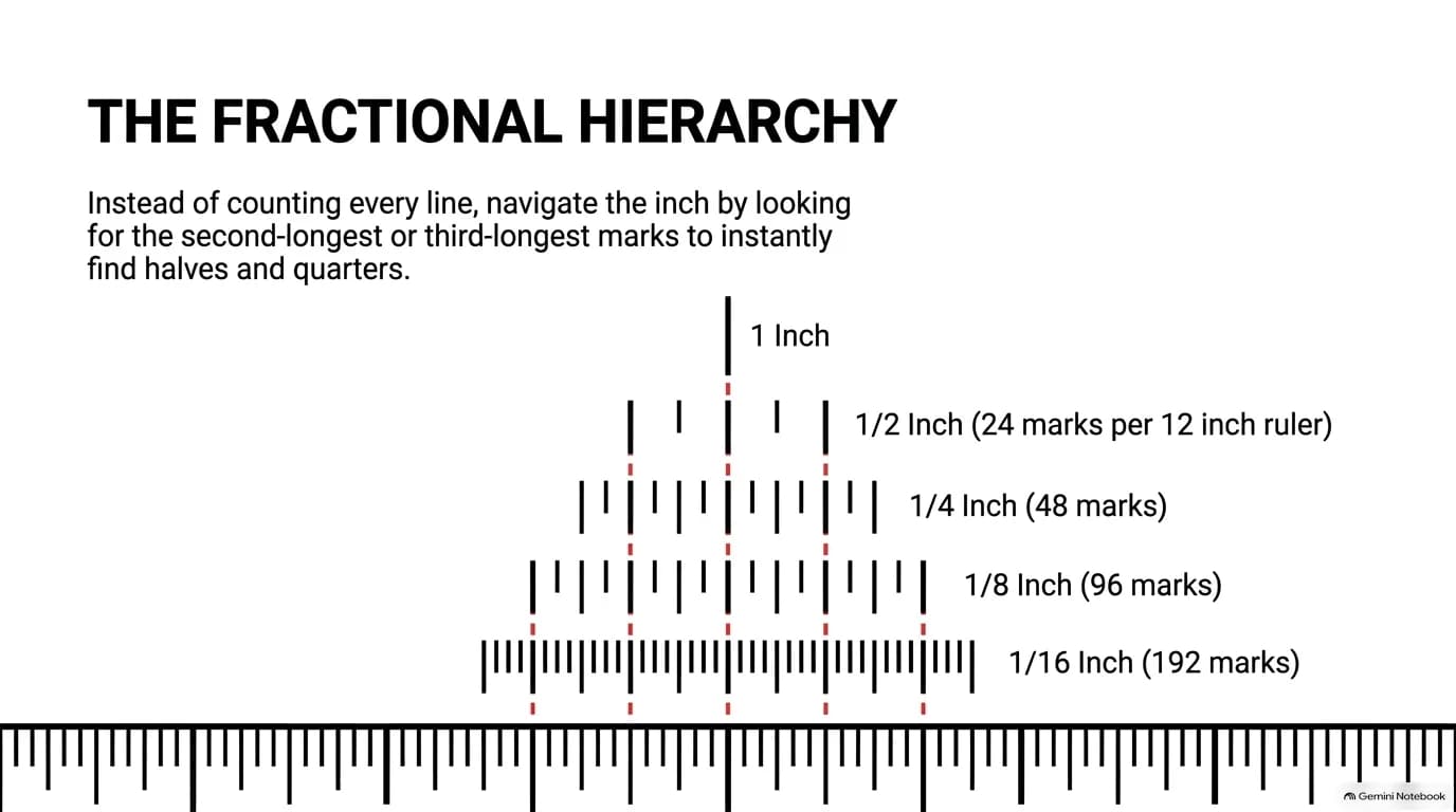 The fractional hierarchy of an inch, from whole inch down to halves, quarters, eighths, and sixteenths
