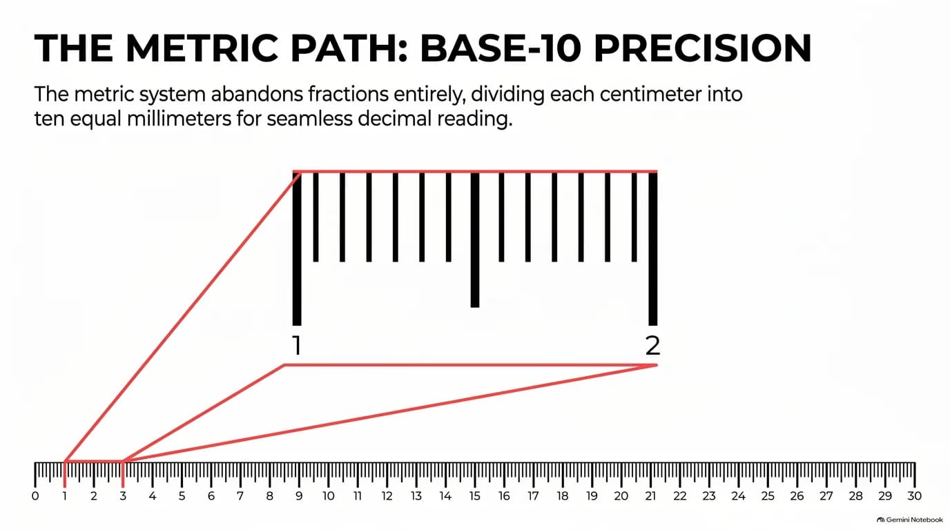 The metric path: base-10 precision, dividing each centimeter into ten equal millimeters