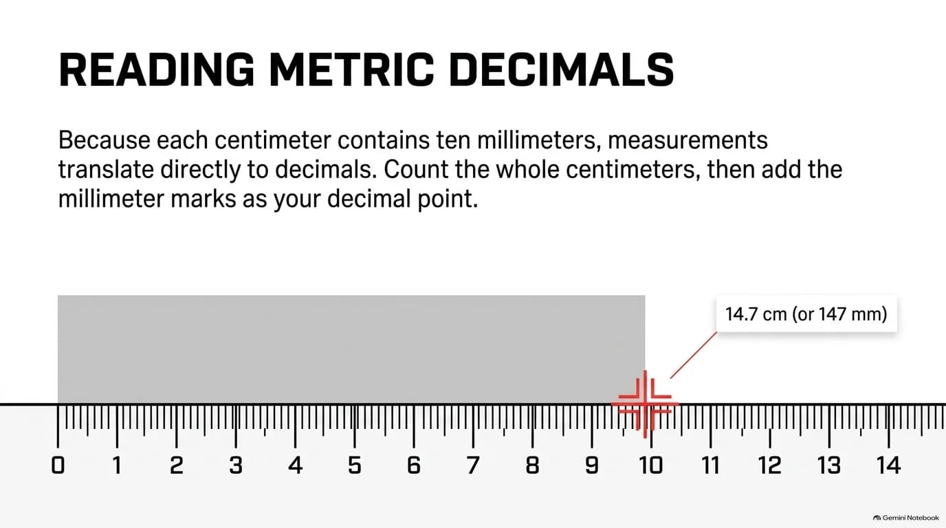 Reading metric decimals by counting whole centimeters and adding millimeter marks as the decimal point