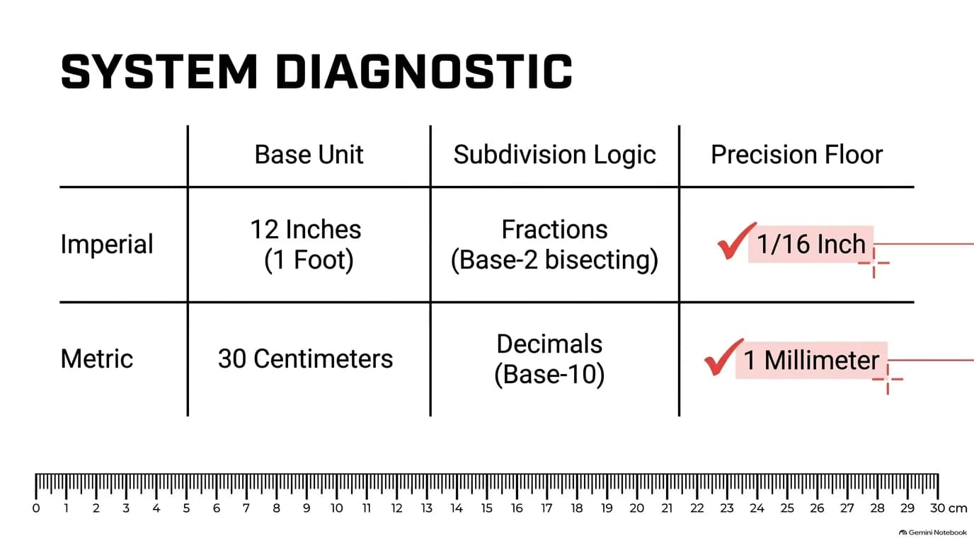 System diagnostic comparing imperial (fractions, 1/16 inch) and metric (decimals, 1 millimeter) precision