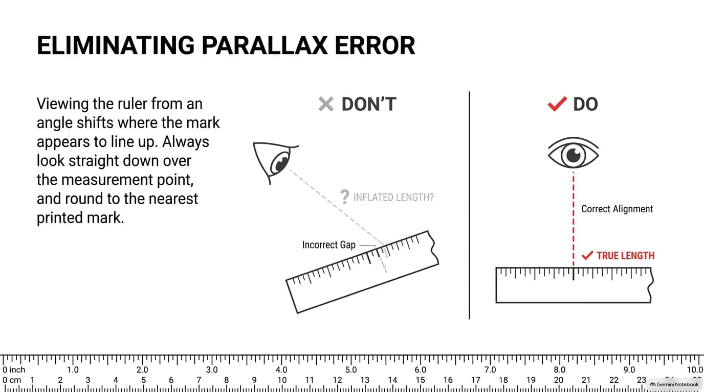 Eliminating parallax error by viewing a ruler straight down instead of from an angle